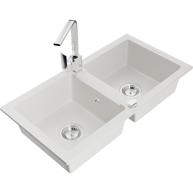 Mexen Mario granite kitchen sink 2-bowl with Rita kitchen faucet, white - 6504-20-670300-00
