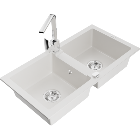 Mexen Mario granite double-bowl sink with Rita kitchen faucet, white - 6504-20-670300-00