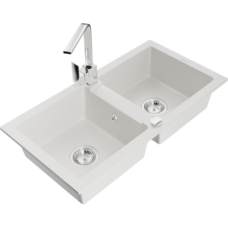 Mexen Mario granite kitchen sink 2-bowl with Rita kitchen faucet, white - 6504-20-670300-00