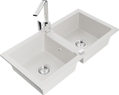 Mexen Mario granite double-bowl sink with Rita kitchen faucet, white - 6504-20-670300-00