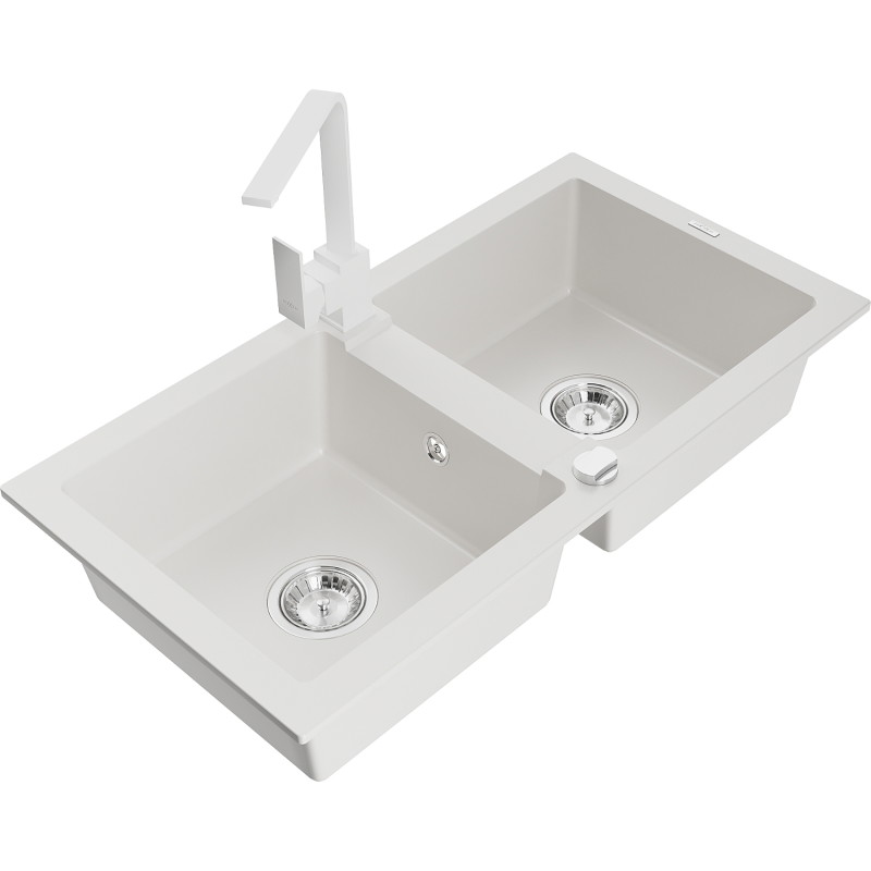 Mexen Mario granite sink 2-chamber with kitchen faucet Rita, white - 6504-20-670300-20