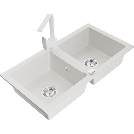 Mexen Mario granite kitchen sink 2-bowl with Rita kitchen tap, white - 6504-20-670300-20