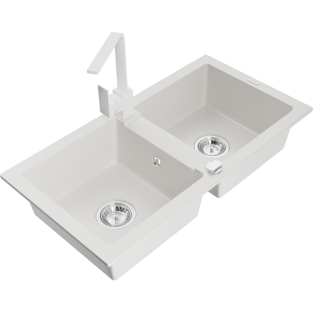 Mexen Mario granite sink 2-chamber with kitchen faucet Rita, white - 6504-20-670300-20
