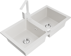 Mexen Mario granite double-bowl kitchen sink with Rita kitchen faucet, white - 6504-20-670300-20
