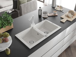 Mexen Mario 2-compartment granite sink with a kitchen mixer tap Rita, White - 6504-20-670300-20