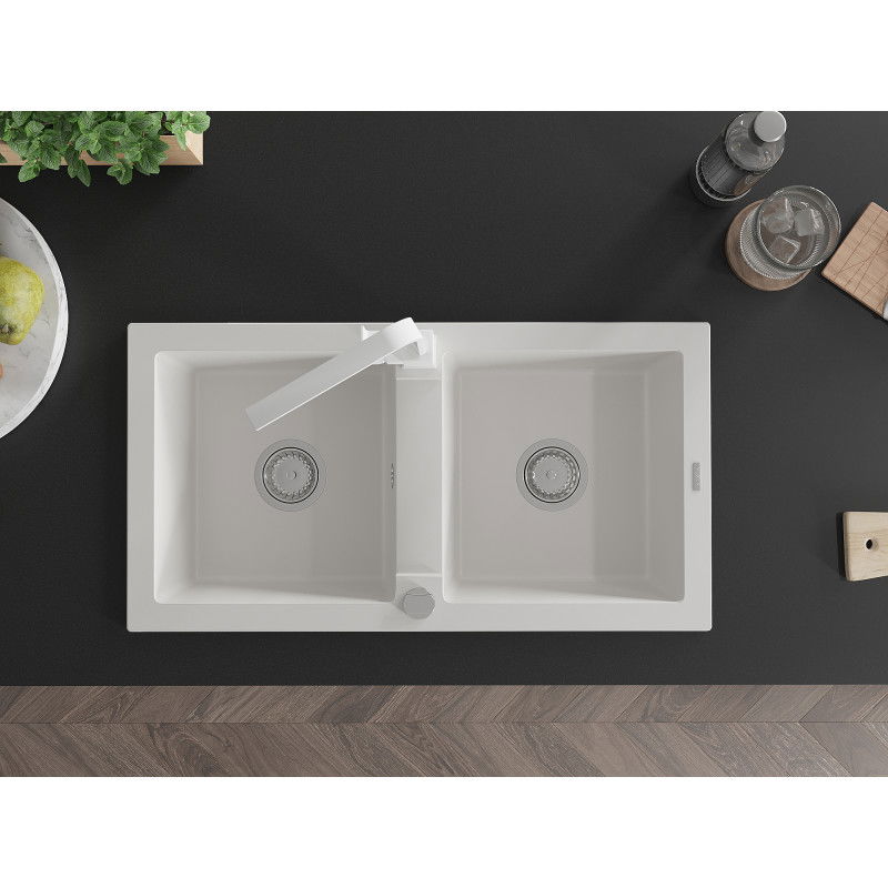 Mexen Mario granite kitchen sink 2-bowl with Rita kitchen tap, white - 6504-20-670300-20