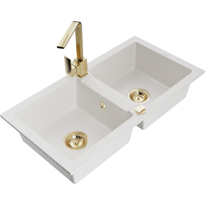 Mexen Mario 2-compartment granite sink with a kitchen mixer tap Rita, White - 6504-20-670300-50
