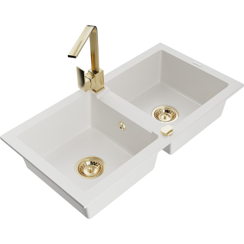 Mexen Mario granite kitchen sink 2-bowl with Rita kitchen faucet, white - 6504-20-670300-50