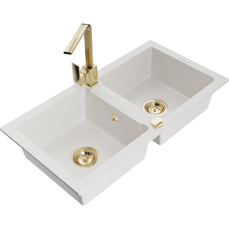 Mexen Mario granite sink 2-bowl with Rita kitchen tap, white - 6504-20-670300-50