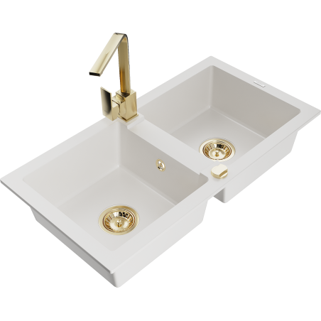 Mexen Mario 2-chamber granite kitchen sink with Rita faucet, white - 6504-20-670300-50
