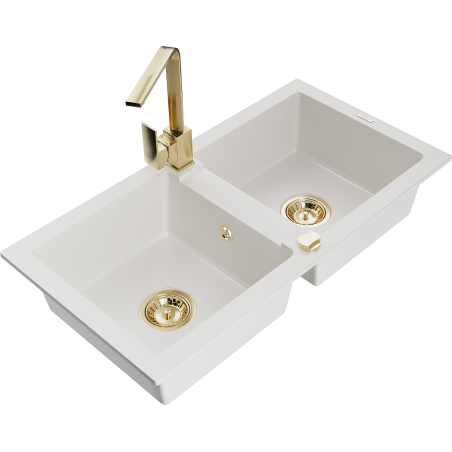 Mexen Mario granite sink 2-bowl with Rita kitchen tap, white - 6504-20-670300-50