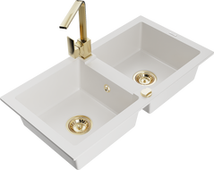 Mexen Mario granite sink 2-bowl with Rita kitchen tap, white - 6504-20-670300-50