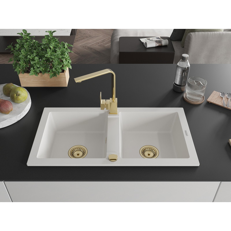 Mexen Mario granite kitchen sink 2-bowl with Rita kitchen faucet, white - 6504-20-670300-50