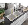 Mexen Mario granite sink 2-bowl with Rita kitchen tap, white - 6504-20-670300-50
