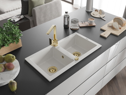 Mexen Mario granite sink 2-bowl with Rita kitchen tap, white - 6504-20-670300-50