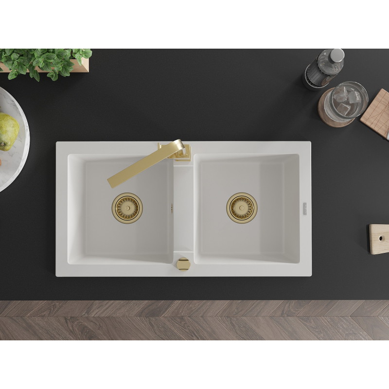Mexen Mario 2-chamber granite kitchen sink with Rita faucet, white - 6504-20-670300-50