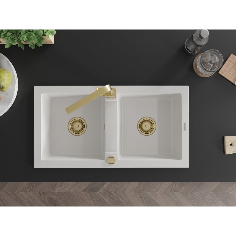 Mexen Mario granite kitchen sink 2-bowl with Rita kitchen faucet, white - 6504-20-670300-50
