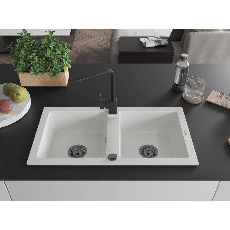 Mexen Mario 2-bowl granite sink with Rita kitchen faucet, white - 6504-20-670300-70