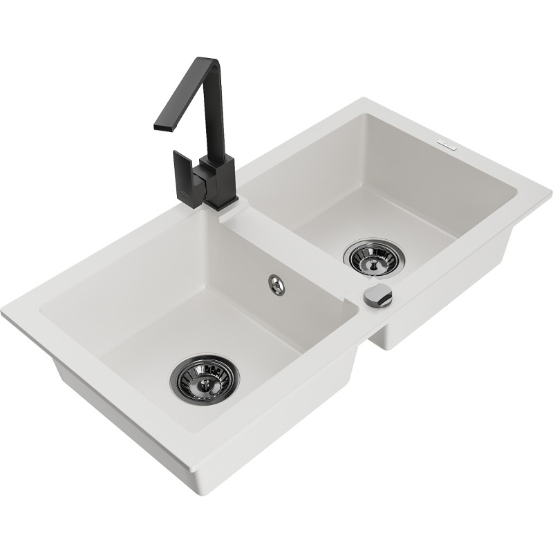 Mexen Mario 2-bowl granite sink with Rita kitchen faucet, white - 6504-20-670300-70