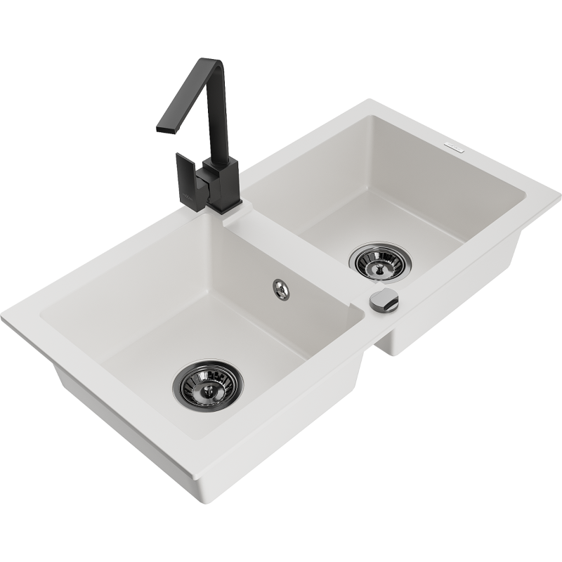 Mexen Mario 2-compartment granite sink with a kitchen mixer tap Rita, White - 6504-20-670300-70