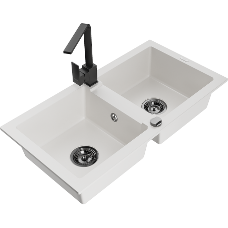 Mexen Mario 2-bowl granite sink with Rita kitchen faucet, white - 6504-20-670300-70
