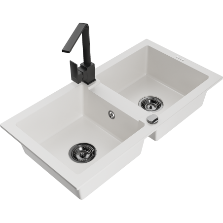 Mexen Mario 2-compartment granite sink with a kitchen mixer tap Rita, White - 6504-20-670300-70