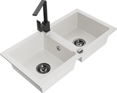 Mexen Mario 2-compartment granite sink with a kitchen mixer tap Rita, White - 6504-20-670300-70