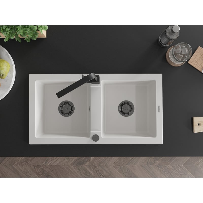Mexen Mario 2-bowl granite sink with Rita kitchen faucet, white - 6504-20-670300-70