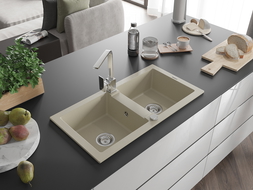 Mexen Mario 2-compartment granite sink with a kitchen mixer tap Rita, Beige - 6504-69-670300-00