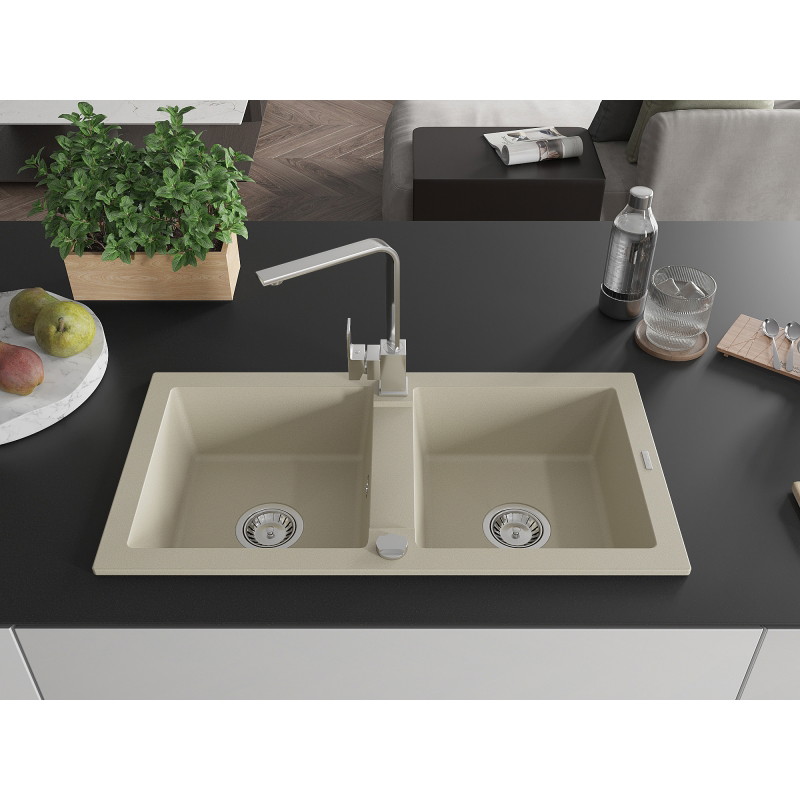 Mexen Mario 2-bowl granite kitchen sink with Rita kitchen faucet, beige - 6504-69-670300-00