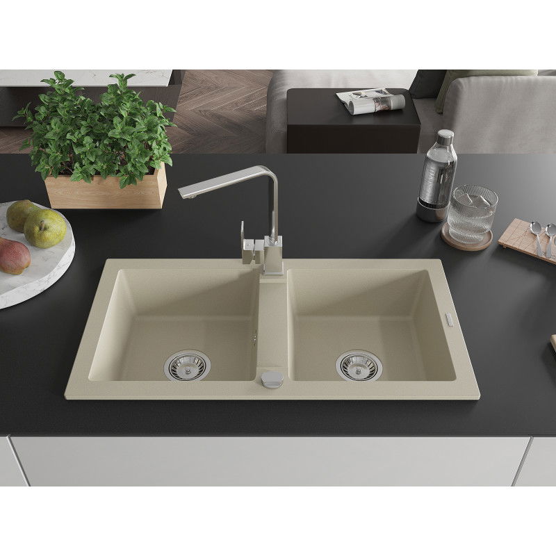 Mexen Mario granite kitchen sink 2-bowl with Rita kitchen tap, beige - 6504-69-670300-00