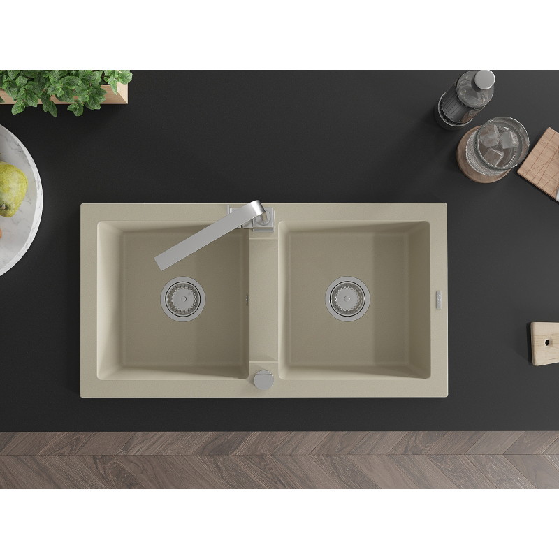 Mexen Mario 2-bowl granite kitchen sink with Rita kitchen faucet, beige - 6504-69-670300-00