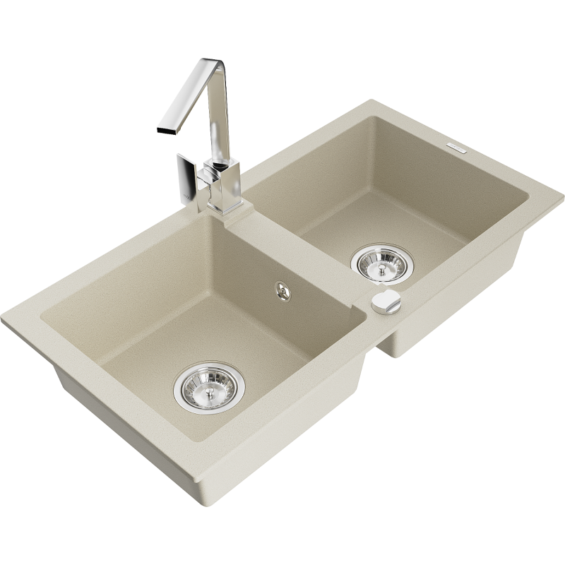 Mexen Mario 2-compartment granite sink with a kitchen mixer tap Rita, Beige - 6504-69-670300-00