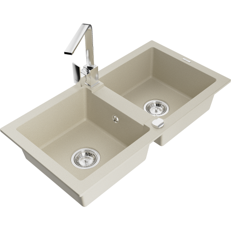 Mexen Mario 2-compartment granite sink with a kitchen mixer tap Rita, Beige - 6504-69-670300-00