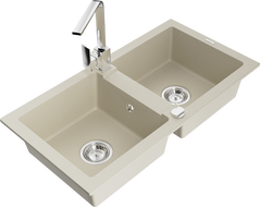 Mexen Mario granite kitchen sink 2-bowl with Rita kitchen tap, beige - 6504-69-670300-00
