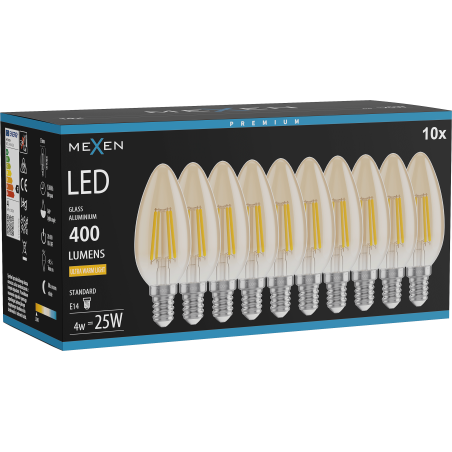 Mexen Vintis 10x LED Filament Bulb E14, C35, 4W, Warm - 2200K, 400 lm, amber - L154-E14-0422-50x10