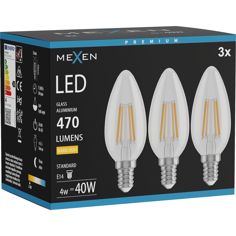 Mexen Vintis 3x LED Filament Bulb E14, C35, 4W, Warm - 2700K, 470 lm, clear - L154-E14-0427-00x03