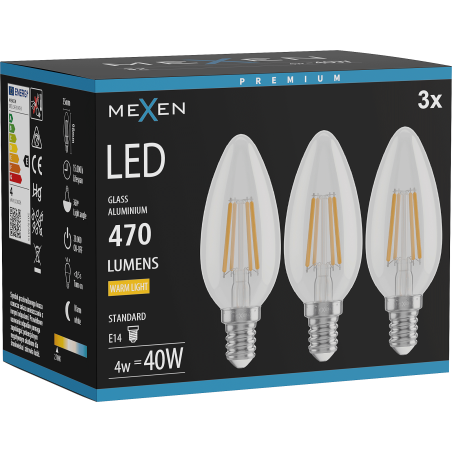 Mexen Vintis 3x LED Filament Bulb E14, C35, 4W, Warm - 2700K, 470 lm, clear - L154-E14-0427-00x03