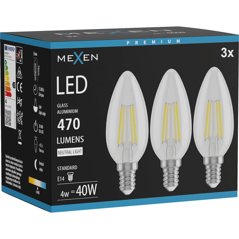 Mexen Vintis 3x LED Filament Bulb E14, C35, 4W, Neutral - 4000K, 470 lm, clear - L154-E14-0427-00x03 - L154-E14-0440-00x03