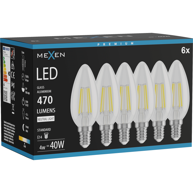 Mexen Vintis 6x LED Filament Bulb E14, C35, 4W, Neutral - 4000K, 470 lm, clear - L154-E14-0427-00x06 - L154-E14-0440-00x06