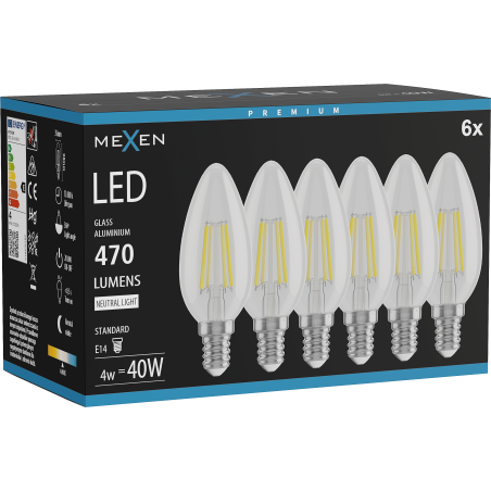 Mexen Vintis 6x LED Filament Bulb E14, C35, 4W, Neutral - 4000K, 470 lm, clear - L154-E14-0427-00x06 - L154-E14-0440-00x06