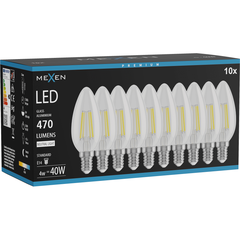 Mexen Vintis 10x LED Filament Bulb E14, C35, 4W, Neutral - 4000K, 470 lm, clear - L154-E14-0427-00x10 - L154-E14-0440-00x10