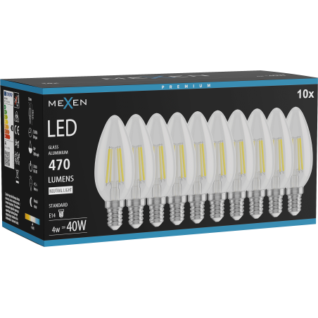Mexen Vintis 10x LED Filament Bulb E14, C35, 4W, Neutral - 4000K, 470 lm, clear - L154-E14-0427-00x10 - L154-E14-0440-00x10