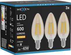Mexen Vintis 3x LED Filament Bulb E14, C35, 6W, Warm - 2200K, 600 lm, amber - L154-E14-0622-50x03