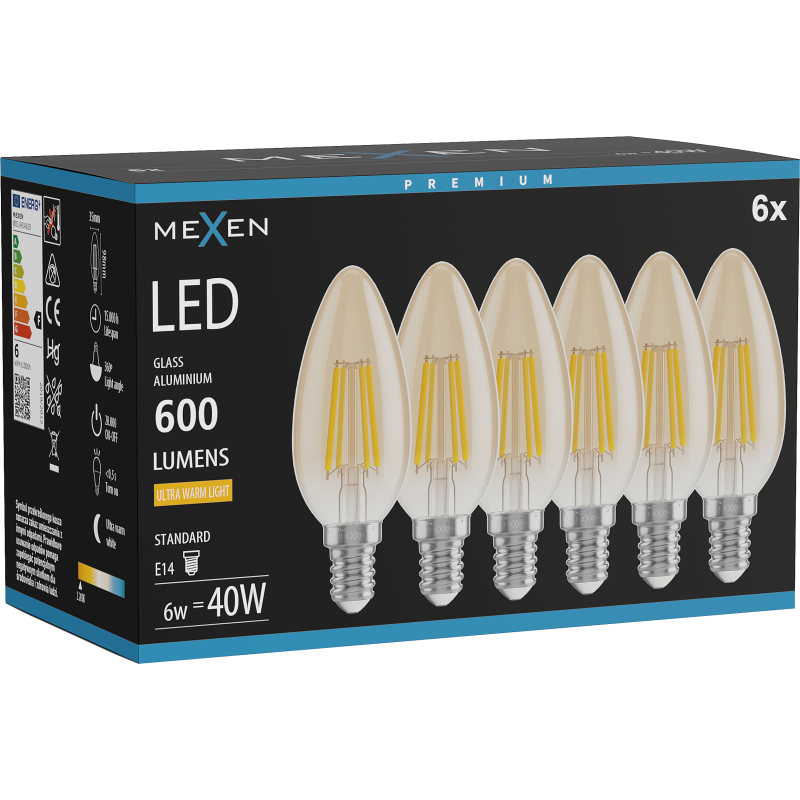 Mexen Vintis 6x LED Filament Bulb E14, C35, 6W, Warm - 2200K, 600 lm, Amber - L154-E14-0622-50x06