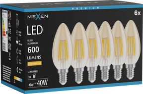 Mexen Vintis 6x LED Filament Bulb E14, C35, 6W, Warm - 2200K, 600 lm, Amber - L154-E14-0622-50x06