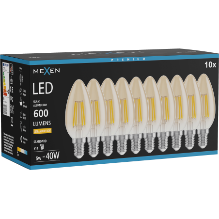 Mexen Vintis 10x Filament LED Bulb E14, C35, 6W, Warm - 2200K, 600 lm, amber - L154-E14-0622-50x10