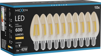 Mexen Vintis 10x Filament LED Bulb E14, C35, 6W, Warm - 2200K, 600 lm, amber - L154-E14-0622-50x10