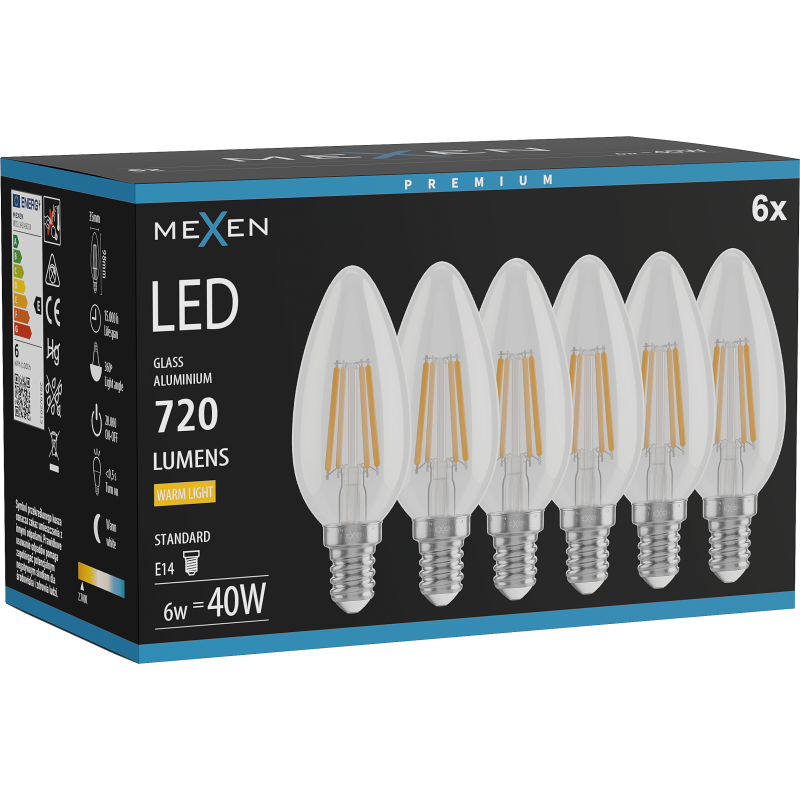 Mexen Vintis 6x Filament LED Bulb E14, C35, 6W, Warm - 2700K, 720 lm, clear - L154-E14-0627-00x06