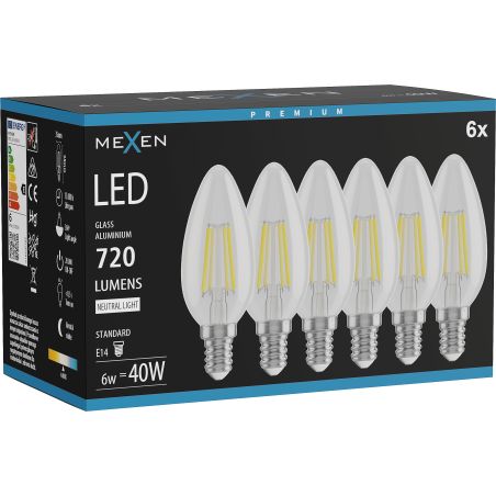 Mexen Vintis 6x LED Filament Bulb E14, C35, 6W, Neutral - 4000K, 720 lm, clear - L154-E14-0640-00x06